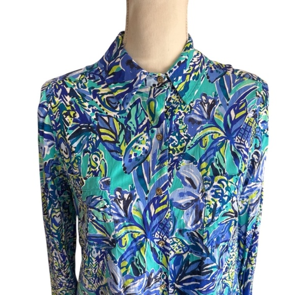 Vibrant Lilly Pulitzer Blue & Green Notched Collar Button-Down Shirt - Picture 5 of 13
